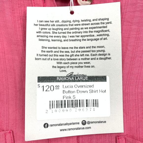 Ramona LaRue Shirt Women's Size Small Lucia Oversized Button Down Hot Pink NEW - Picture 6 of 6